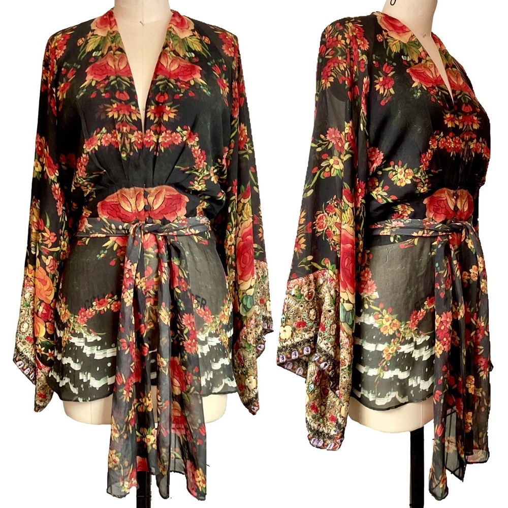 Camilla Crystal Embellished Floral Silk Lift the Veil Waist Tie Blouse